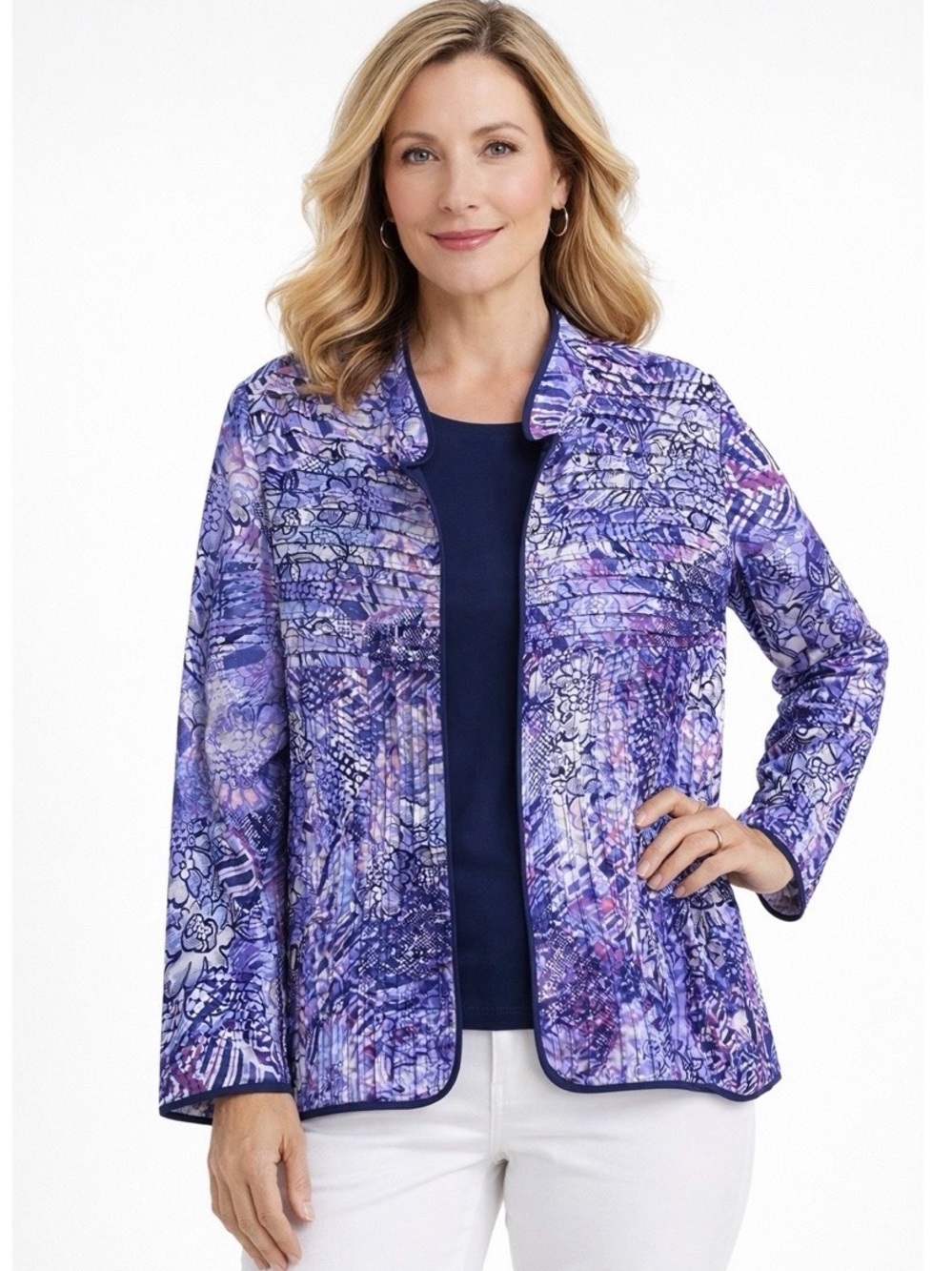 Alfred Dunner Purple Printed Quilted Light Jacket with Navy Trim